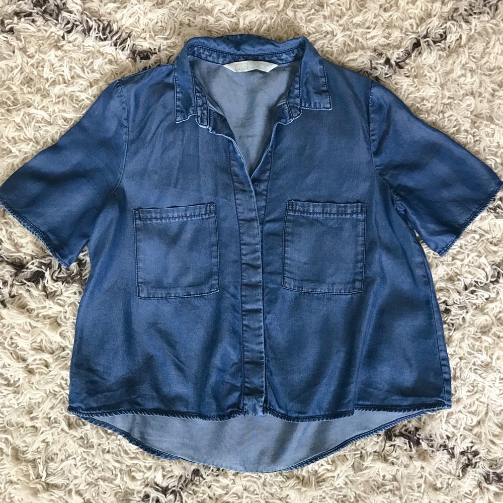 Zara High Low Chambray Denim Crop Blouse Top